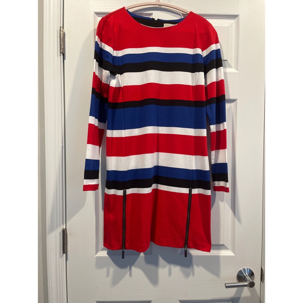 Michael Michael Kors Striped Long Sleeve Shift Dress Red Blue White Zip Hem S